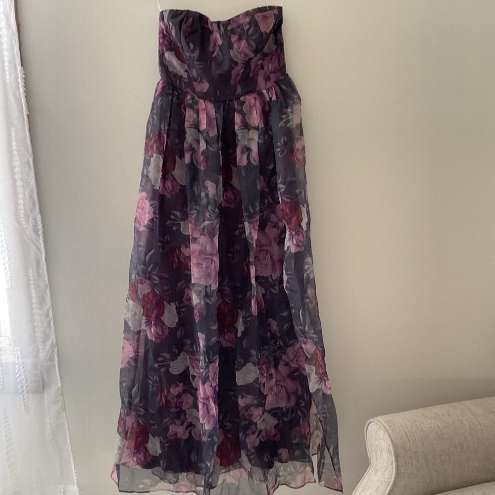 Lulus Wonderful Waltz Purple Floral Print Strapless Bustier Organza Maxi Dress S - Picture 5 of 14